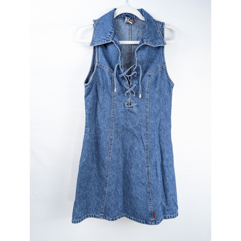 Vintage Y2K Lace Up Denim Mini Dress Size S Sleeveless Retro Indie Beach Western